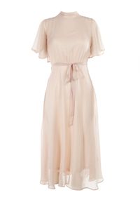 Born2be - Beżowa Sukienka o Rozkloszowanym Kroju z Wiązaniem Acsophia. Kolor: beżowy. Materiał: materiał, tkanina. Długość rękawa: krótki rękaw. Styl: wizytowy, elegancki. Długość: midi #7