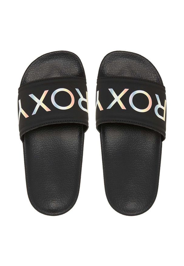 Roxy klapki dziecięce kolor czarny. Kolor: czarny. Materiał: materiał, guma. Obcas: na obcasie. Wysokość obcasa: niski