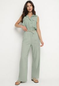 Born2be - Zielone Szerokie Spodnie z Lnem z Gumką w Talii i Kieszeniami Filisela. Okazja: na co dzień, do pracy. Kolor: zielony. Materiał: len. Styl: elegancki, casual #5
