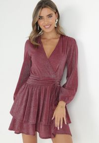 Born2be - Bordowa Sukienka Rozkloszowana z Metaliczną Nitką Adine. Okazja: na co dzień, na imprezę. Typ kołnierza: dekolt w kształcie V. Kolor: czerwony. Typ sukienki: rozkloszowane. Styl: casual, elegancki #4