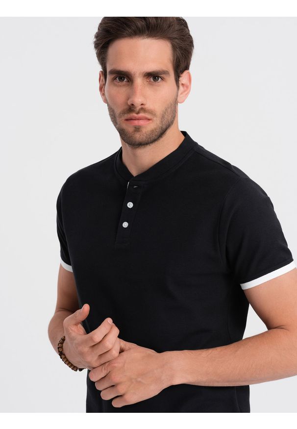 Ombre Clothing - Męska koszulka polo bez kołnierzyka - czarna V8 - Rozmiar: M. Typ kołnierza: polo, bez kołnierzyka. Kolor: czarny. Materiał: bawełna. Długość: długie