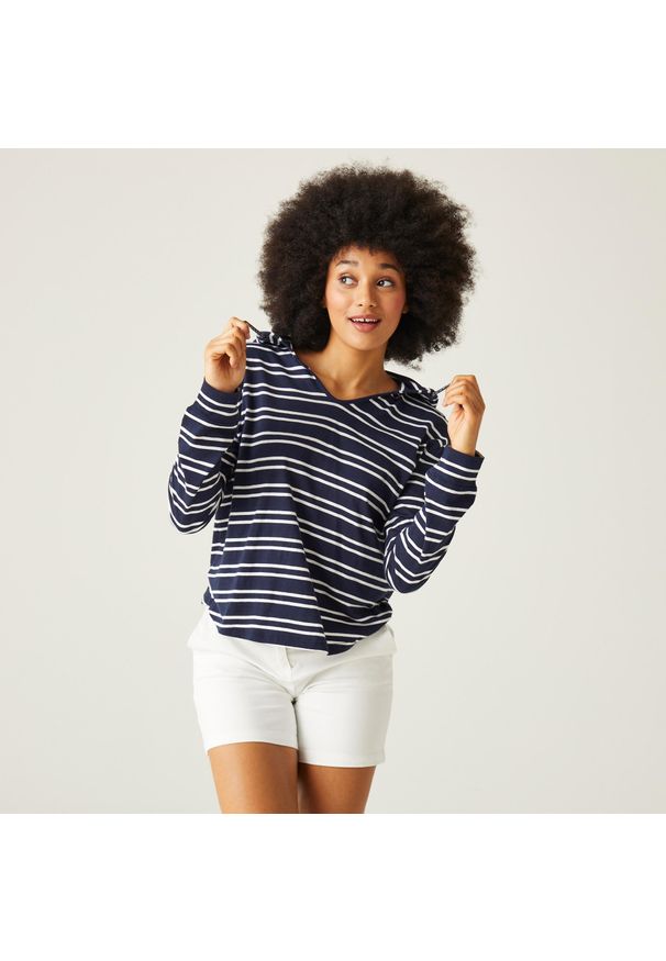 Regatta - Minerve V-Neck damska bluza z kapturem. Typ kołnierza: kaptur. Kolor: niebieski. Materiał: bawełna. Styl: sportowy, elegancki. Sport: turystyka piesza