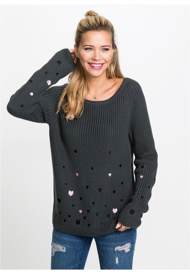 bonprix - Sweter z haftem. Kolor: szary. Wzór: haft