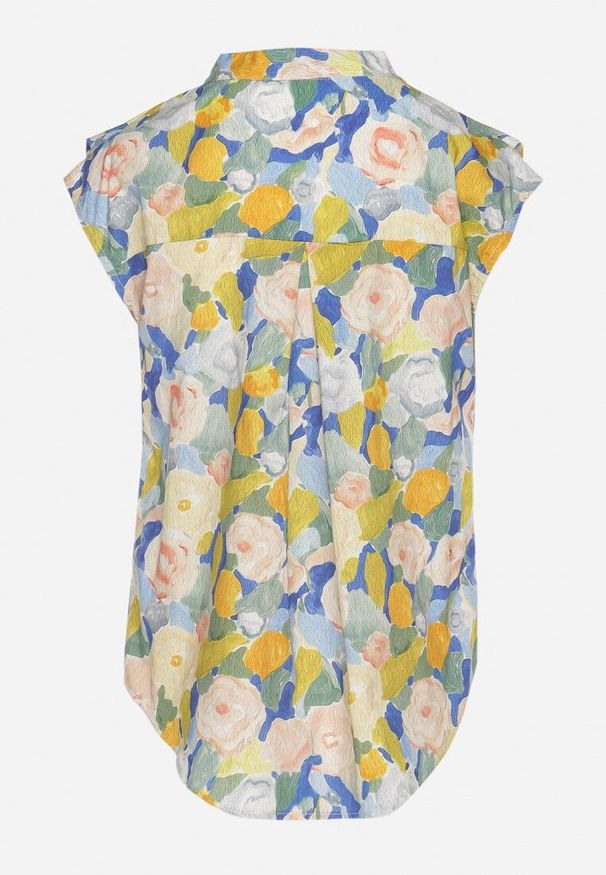 Born2be - Niebiesko-Żółta Bawełniana Koszula z Kwiatowym Wzorem Natiana. Okazja: na co dzień. Kolor: niebieski. Materiał: bawełna. Wzór: kwiaty. Styl: casual
