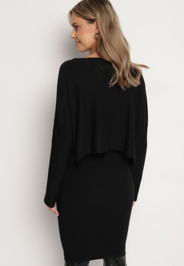 Born2be - Czarny Komplet z Dzianiny z Wiskozą Dopasowana Sukienka i Sweter z Cekinową Aplikacją Norielis. Kolor: czarny. Materiał: dzianina, wiskoza. Wzór: aplikacja