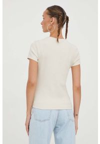 Tommy Jeans t-shirt damski kolor beżowy. Okazja: na co dzień. Kolor: beżowy. Materiał: bawełna, dzianina, prążkowany. Wzór: aplikacja. Styl: casual #5