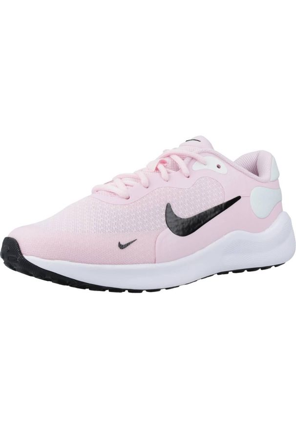 Buty do biegania dla dzieci Nike Revolution 7. Zapięcie: sznurówki. Kolor: różowy. Materiał: syntetyk, materiał, tkanina. Szerokość cholewki: normalna. Model: Nike Revolution. Sport: bieganie