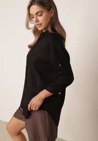 Born2be - Czarna Koszula Casual z Wiskozą i Lnem z Rękawami 3/4 Linyana. Okazja: na co dzień. Typ kołnierza: kołnierzyk klasyczny. Kolor: czarny. Materiał: wiskoza, len. Długość: długie. Styl: casual #2