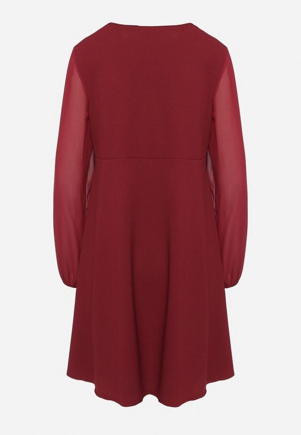 Born2be - Bordowa Sukienka o Rozkloszowanym Kroju z Półtransparentnymi Rękawami Edalinne. Okazja: na co dzień, do pracy. Kolor: czerwony. Materiał: skóra. Typ sukienki: proste. Styl: casual, elegancki