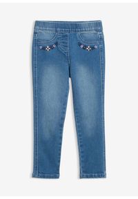 bonprix - Jegginsy mid waist z dodatkiem elastanu i wygodną talią. Kolor: niebieski. Wzór: haft #1
