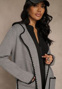 Renee - Szary Kardigan z Haftowaną Lamówką Tuscele. Okazja: na co dzień. Kolor: szary. Materiał: jeans. Wzór: haft. Styl: casual, elegancki #5