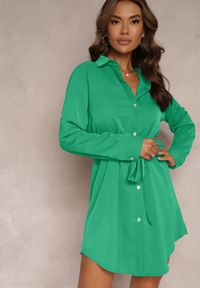 Renee - Zielona Koszulowa Sukienka Mini z Wiązanym Paskiem Andreola. Kolor: zielony. Materiał: tkanina, materiał, wiskoza. Typ sukienki: koszulowe. Długość: mini #3