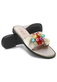 Złote Klapki S.Barski Modne Buty Na Lato. Nosek buta: otwarty. Kolor: złoty. Materiał: skóra ekologiczna. Wzór: kolorowy, aplikacja. Sezon: lato. Styl: elegancki, sportowy #3