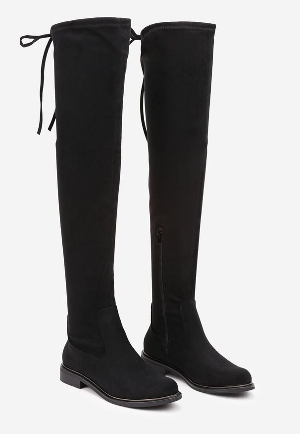 Born2be - Czarne Płaskie Kozaki w Stylu Muszkieterek z Wiązaniem i Elastyczną Cholewką Ansandra. Okazja: do pracy, na spotkanie biznesowe. Kolor: czarny. Materiał: jeans. Szerokość cholewki: normalna. Obcas: na obcasie. Styl: biznesowy, elegancki