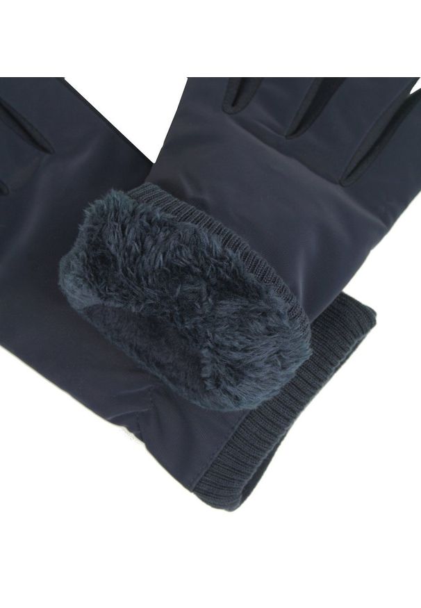 Rękawiczki Granatowe, Jesienno-Zimowe, Miękkie z Kożuszkiem i Gumką -Pako Jeans. Kolor: niebieski. Materiał: poliester. Sezon: zima, jesień. Styl: klasyczny, elegancki