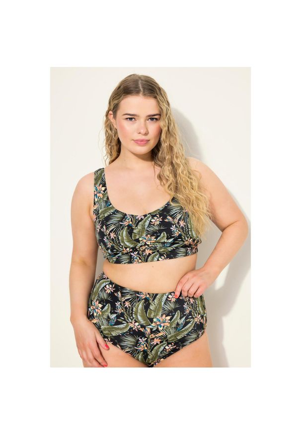 ULLA POPKEN - Top bikini, miękkie miseczki, nadruk tropikalny. Kolekcja: plus size. Kolor: czarny. Materiał: poliamid, poliester, elastan. Wzór: nadruk