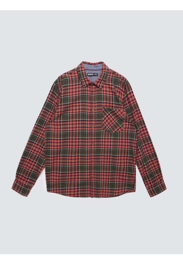 Big-Star - Koszula męska flanelowa w kratę bordowo-khaki Koner 303. Okazja: na co dzień. Typ kołnierza: kołnierzyk klasyczny. Kolor: zielony. Materiał: materiał. Długość rękawa: długi rękaw. Długość: długie. Wzór: aplikacja, haft, kratka. Styl: casual, klasyczny