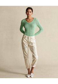 Ralph Lauren - RALPH LAUREN - Bawełniany sweter Slim fit. Typ kołnierza: dekolt w kształcie V, polo. Kolor: zielony. Materiał: bawełna