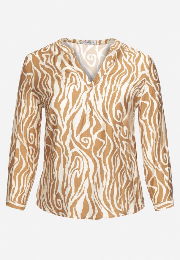 Born2be - Brązowa Koszula z Wiskozą w Abstrakcyjny Wzór z Podwijanymi Rękawami Ilaveil. Okazja: na co dzień, na spotkanie biznesowe, do pracy. Typ kołnierza: dekolt w serek, kołnierzyk klasyczny. Kolor: brązowy. Materiał: wiskoza. Styl: biznesowy, casual, elegancki, klasyczny