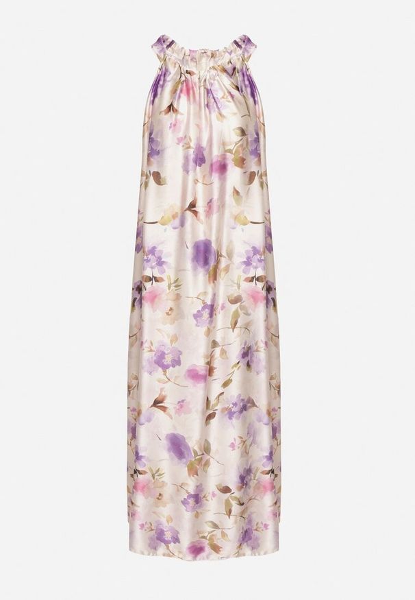 Born2be - Fioletowa Satynowa Sukienka w Kwiaty Fenaresia. Okazja: na spacer, na co dzień. Kolor: fioletowy. Materiał: satyna. Długość rękawa: na ramiączkach. Wzór: kwiaty. Sezon: lato. Typ sukienki: proste. Styl: elegancki, casual