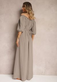 Renee - Beżowa Bawełniana Sukienka z Muślinu Wiązana przy Dekolcie z Paskiem i Gumką w Talii Tasda. Okazja: na co dzień. Typ kołnierza: dekolt hiszpanka. Kolor: beżowy. Materiał: bawełna. Typ sukienki: proste. Styl: casual #2