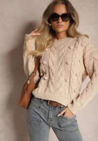 Renee - Beżowy Sweter z Wełną i Wiskozą Ozdobiony Tłoczeniem i Kulkami Vaiannae. Kolor: beżowy. Materiał: wiskoza, wełna. Wzór: aplikacja. Sezon: zima #1