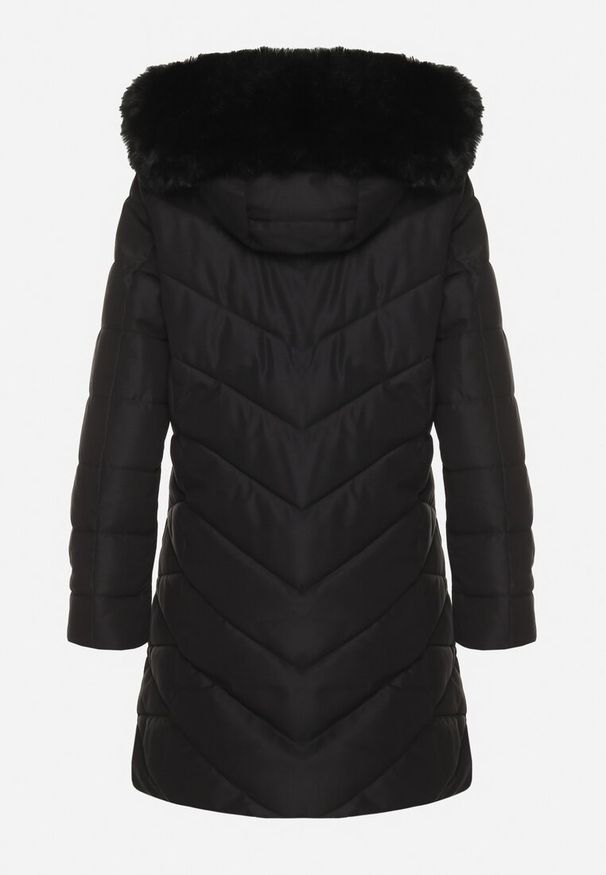 Born2be - Czarna Kurtka Pikowana Długa z Odpinanym FuterkiemRaizelle. Okazja: na co dzień. Kolor: czarny. Materiał: jeans, futro, wełna. Długość: długie. Styl: klasyczny, elegancki, casual