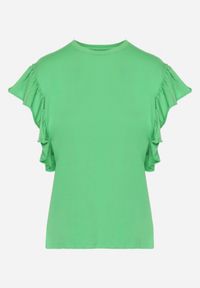 Born2be - Zielony T-shirt z Falowanym Rękawem Aidira. Kolor: zielony. Materiał: jeans. Długość rękawa: krótki rękaw. Długość: krótkie #5