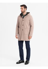 Ombre Clothing - Melanżowy długi męski płaszcz z kapturem – beżowy V2 - Rozmiar: XXL. Typ kołnierza: kaptur. Kolor: beżowy. Materiał: tkanina, wełna, poliester, materiał, syntetyk, włókno, nylon. Długość: długie. Wzór: melanż. Sezon: zima. Styl: elegancki #7