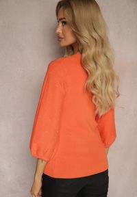 Renee - Pomarańczowy Sweter Ozdobiony Cyrkoniami i Tłoczonym Wzorem Tanaes. Okazja: na co dzień. Kolor: pomarańczowy. Materiał: jeans. Długość rękawa: długi rękaw. Długość: długie. Wzór: aplikacja. Styl: glamour, elegancki, casual
