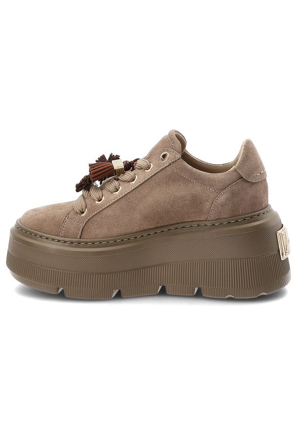 CheBello - Sneakersy damsie Chebello, cholewka ze skóry naturalnej o gładkim wykończeniu z metalowymi przelotkami i sznurowaniem oraz ozdobnymi chwostami, beżow. Okazja: na co dzień. Kolor: beżowy. Materiał: skóra. Szerokość cholewki: normalna. Wzór: gładki. Obcas: na platformie. Styl: casual
