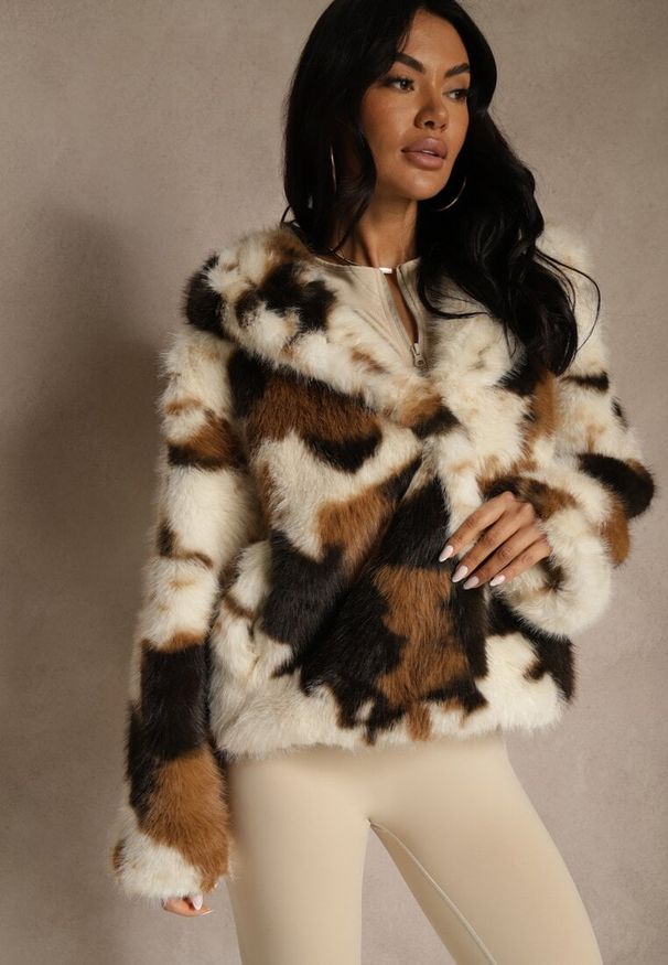 Renee - Brązowo-Beżowa Dwurzędowa Kurtka Futerko Oversize Nenalla. Okazja: na co dzień. Kolor: beżowy. Materiał: futro. Styl: elegancki, casual