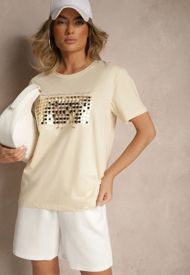 Renee - Beżowy T-shirt z Bawełny z Naszytymi Cekinami Avenelli. Okazja: na co dzień. Kolor: beżowy. Materiał: bawełna. Wzór: aplikacja. Styl: klasyczny, casual, elegancki