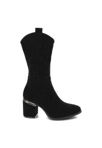 Czarne Kozaki S.Barski Modne Kozaki Damskie. Okazja: na co dzień. Kolor: czarny. Szerokość cholewki: normalna. Wzór: ażurowy. Materiał: skóra ekologiczna. Sezon: wiosna, lato. Obcas: na obcasie. Styl: klasyczny, casual, rockowy, elegancki. Wysokość obcasa: średni #5