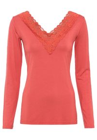 Shirt z długim rękawem z koronki, TENCEL™ lyocell bonprix matowy koralowy. Kolor: czerwony. Materiał: materiał, elastan, wiskoza. Długość rękawa: długi rękaw. Długość: długie. Wzór: koronka #1