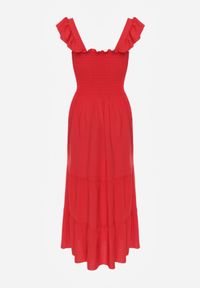 Renee - Czerwona Sukienka z Bawełny na Ramiączkach Ozdobiona Falbanami i Gumkami Mevalys. Okazja: na co dzień. Kolor: czerwony. Materiał: bawełna. Długość rękawa: na ramiączkach. Wzór: aplikacja. Typ sukienki: rozkloszowane. Styl: elegancki, casual #6