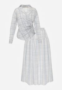 Born2be - Niebieski Komplet z Bawełny Kopertowa Wiązana Bluzka i Rozkloszowana Spódnica Alais. Kolor: niebieski. Materiał: bawełna #6