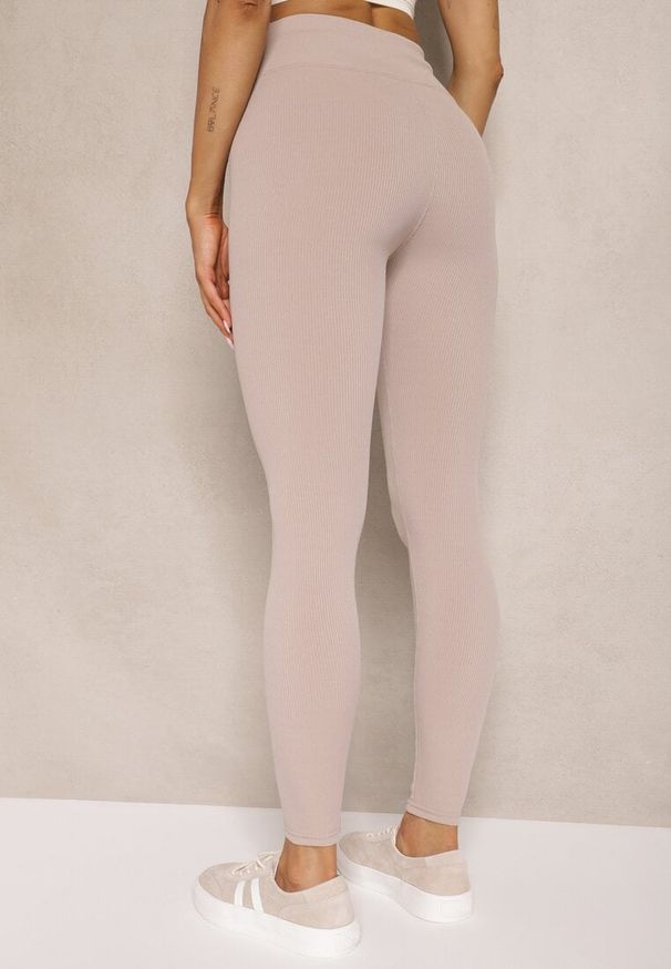 Renee - Beżowe Legginsy z Prążkowanej Tkaniny z Szeroką Gumką w Pasie Lanoriae. Okazja: na co dzień. Stan: podwyższony. Kolor: beżowy. Materiał: tkanina, prążkowany. Styl: klasyczny, casual, elegancki