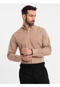 Ombre Clothing - Koszula męska lniana z klasycznym kołnierzykiem i kieszeniami REGULAR FIT – jasnobrązowa V7 - Rozmiar: XXL. Okazja: na co dzień. Typ kołnierza: kołnierzyk klasyczny. Kolor: brązowy. Materiał: len. Długość: długie. Wzór: aplikacja. Sezon: wiosna, lato. Styl: klasyczny