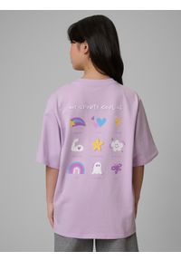 4f - 4F T-shirt loose z nadrukiem dziewczęcy - fioletowy 158/164 (12-14 lat). Okazja: na uczelnię, na co dzień, na spacer. Kolor: fioletowy. Materiał: materiał, bawełna, skóra, dzianina. Wzór: nadruk. Sezon: lato. Styl: casual #1