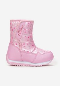 Born2be - Różowe Śniegowce Kydonia. Wysokość cholewki: za kostkę. Nosek buta: okrągły. Zapięcie: rzepy. Kolor: różowy. Materiał: materiał, futro. Szerokość cholewki: normalna. Wzór: kolorowy, napisy, aplikacja, nadruk. Sezon: zima #1
