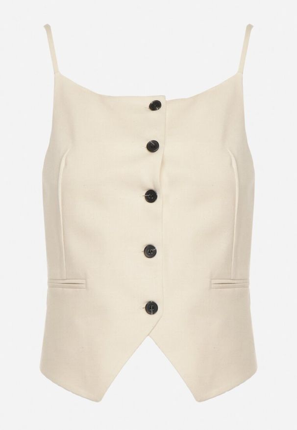 Born2be - Jasnobeżowy Top z Guzikami Stylizowany na Kamizelkę Dimlas. Okazja: na co dzień. Kolor: beżowy. Materiał: jeans. Wzór: aplikacja. Styl: klasyczny, casual, elegancki