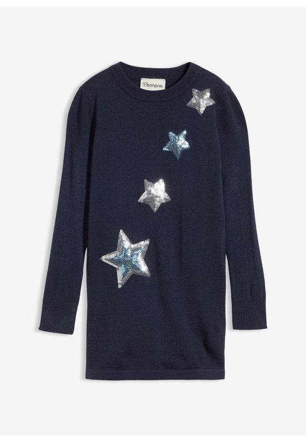 bonprix - Długi sweter z cienkiej dzianiny z cekinami. Kolor: niebieski. Materiał: dzianina. Długość rękawa: długi rękaw. Długość: długie. Wzór: aplikacja
