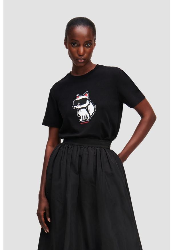 Karl Lagerfeld - KARL LAGERFELD Czarny damski t-shirt Ikon Sketch Choupette, Rozmiar S. Okazja: na co dzień. Kolor: czarny. Materiał: materiał. Wzór: nadruk. Styl: casual
