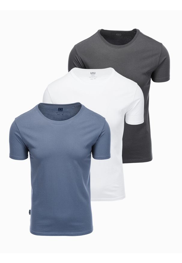 Ombre Clothing - Zestaw bawełnianych koszulek męskich BASIC z okrągłym dekoltem – biały/grafitowy/niebieski denim V8. Okazja: na co dzień. Kolor: niebieski. Materiał: bawełna, denim. Styl: klasyczny, casual