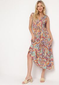 Born2be - Żółto-Różowa Rozkloszowana Sukienka w Stylu Boho z Trójkątnym Dekoltem i Gumką w Talii Galleri. Okazja: na co dzień. Kolor: żółty. Typ sukienki: rozkloszowane, proste. Styl: boho #4