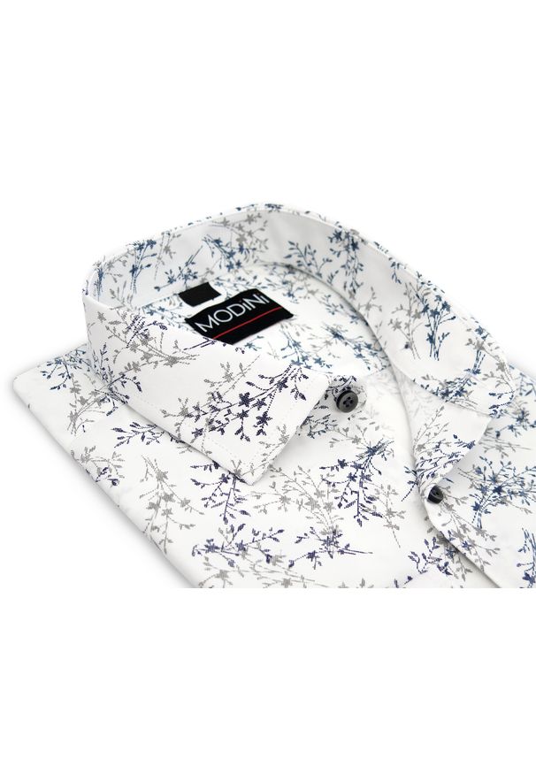Modini - Biała koszula męska w szaro-granatowe gałązki/listki Y55. Kolor: szary, biały, wielokolorowy, niebieski. Materiał: bawełna, poliester, tkanina