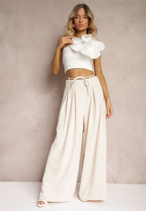 Renee - Jasnobeżowe Szerokie Spodnie High Waist Zapinane na Suwak z Wiązaniem w Talii Vikonnia. Okazja: na co dzień. Stan: podwyższony. Kolor: beżowy. Styl: klasyczny, casual, elegancki