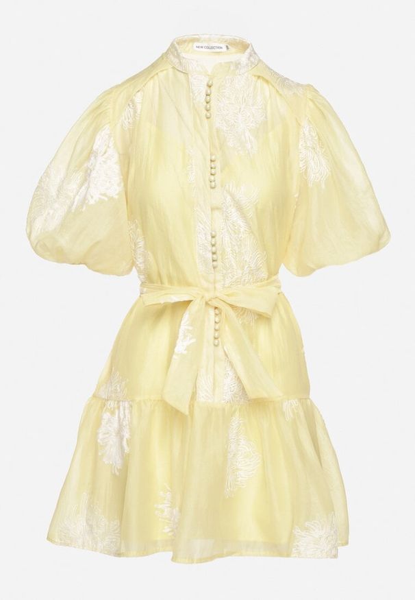 Born2be - Żółta Koszulowa Przezroczysta Sukienka z Bawełną Haftami i Paskiem Lirulira. Okazja: na co dzień. Kolor: żółty. Materiał: bawełna. Wzór: haft. Sezon: lato. Typ sukienki: koszulowe. Styl: elegancki, casual
