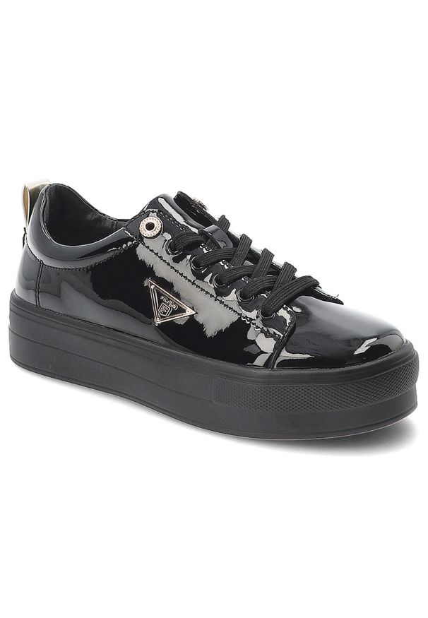 Sneakersy damskie Filippo, wykonane ze skóry naturalnej lakierowanej modny fason na platformie klasyczne sznurowanie oraz miękka wkładka, czarne, DP3. Okazja: na co dzień. Zapięcie: sznurówki. Kolor: czarny. Materiał: skóra, lakier. Szerokość cholewki: normalna. Obcas: na platformie